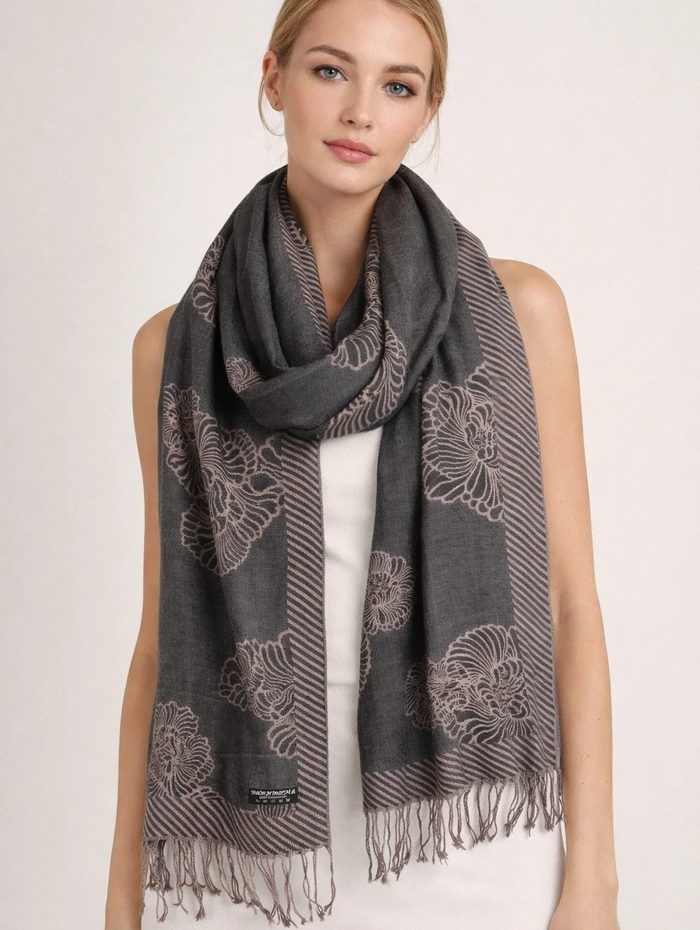 Pashmina Brown and Taupe Woven Floral Jacquard Scarf